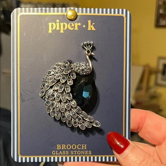 New Piper K Sapphire Blue Glass Stone and Silver Peacock Brooch - Picture 8 of 8